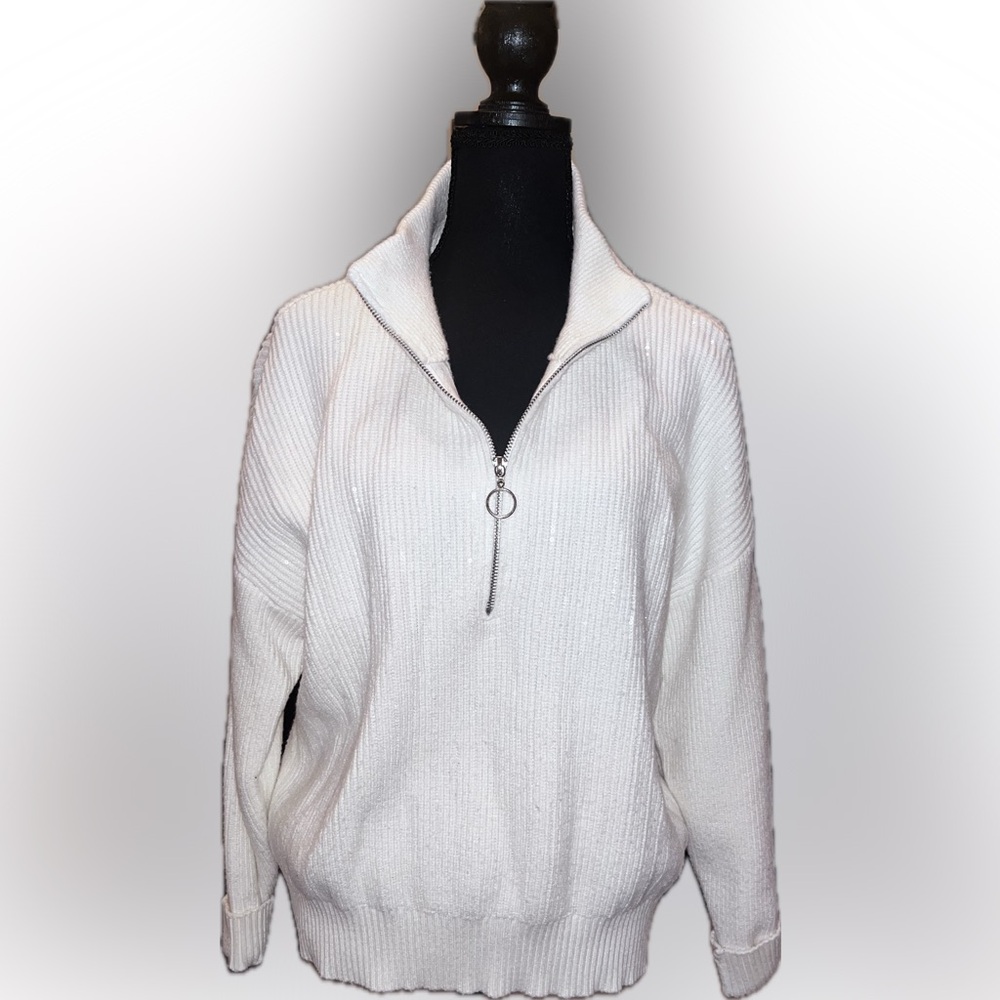 Nine West Cream Zip-Up Turtleneck Sweater